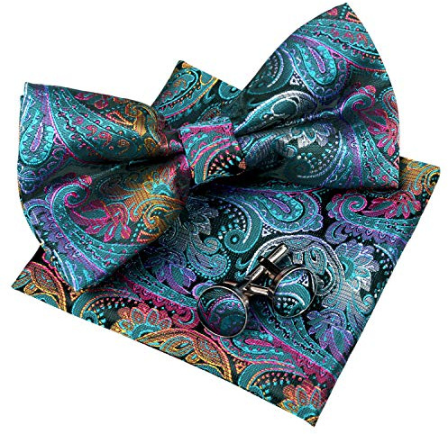 Alizeal Mens Party Paisley Pre-tied Bow Tie, Pocket Square and Cufflinks, Peacock Blue