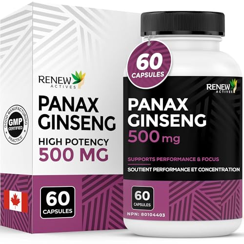 RENEW ACTIVES Panax Ginseng 1000MG per 2 Capsules – Boosts Physical & Cognitive Health, Enhances Energy, Supports Mental Clarity & Focus, Promotes Performance & Vitality – Made in Canada – 60 Capsules