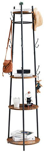 IBUYKE Garderobenständer, Kleiderständer mit 4 runden Ablagen, Garderobe mit 9 Haken, Stahlgestell, Industrie-Stil, für Schals, Taschen, Regenschirme und Boxen, vintagebraun-schwarz TMJ085H