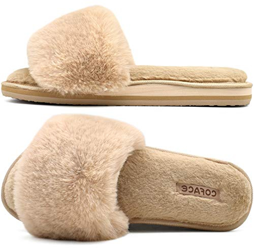 COFACE Damtofflor med fotvalvstöd bekväma öppen tå luddig kvinna husskor plantar fasciit ortopediska damtofflor inomhus, Beige med päls, 42 EU