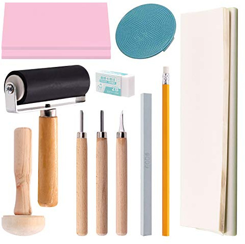 Swpeet 41Pcs Rubber Stamp Making Kit, Rubber Stamp Carving Blocks, 1 Whetstone, Craft Knife, Ink Roller, Plastic Stamp, Wooden Stamp and Rice Paper for Printmaking, Linoleum Block