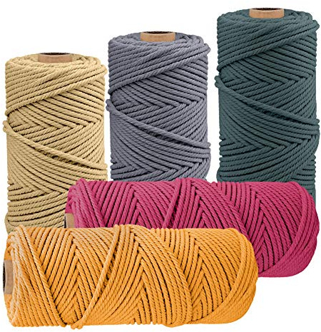 JeogYong Pack of 5 Macrame Cord 2mm x 109 Yards, Natural Macrame Cotton Cord Yarn Thread, 3-Strand Twisted Spool Twine String Cotton Rope for DIY Crafts, Wall Hangings, Plant Hangers, Home Decorations