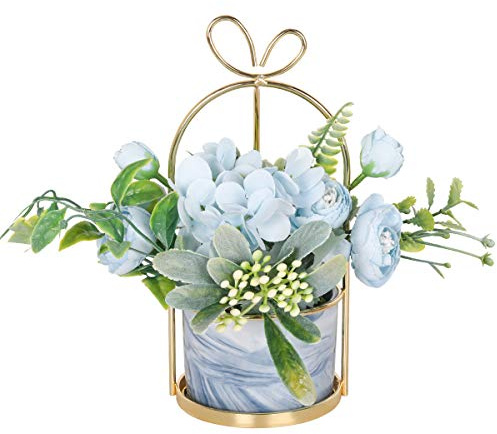 Hobyhoon Flores artificiales en maceta, flores artificiales como verdaderas hortensias, flores de seda para decoraciones de boda, decoración de mesa, salón, dormitorio, habitación (maceta de mármol
