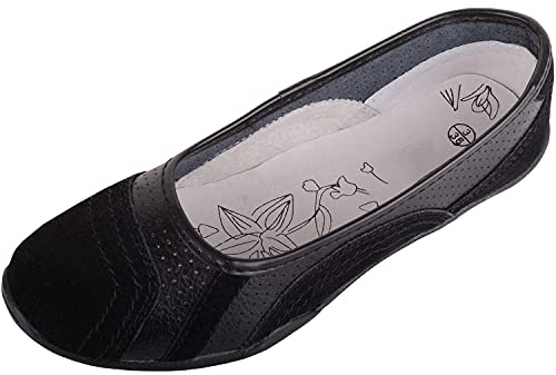 ABSOLUTE FOOTWEAR Womens Genuine Leather Ballerina Style Pump Dolly Shoes, Black, UK 6 / EU 39