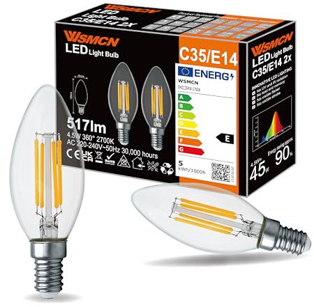 WSMCN E14 LED Warmweiss Kerzenlampe 4,5W Ersetzt 45W C35 Glühlampe, 2er Pack, Klarglasbirne im Filamentstil, 2700 Kelvin 517 Lumen Leuchtmittel, 360° Flimmerfrei Birnen, Nicht Dimmbar