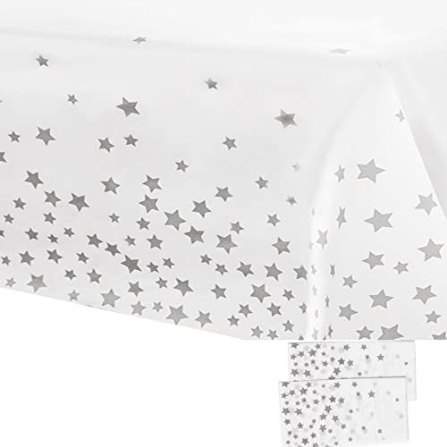 2Pcs 137*274cm White and Silver Disposable TableCloths Party Paper Plastic TableCloth,Silver Star Rectangular Waterproof Table Cover for Picnic,Baby Shower,Wedding,Christmas,Birthday Party Decor