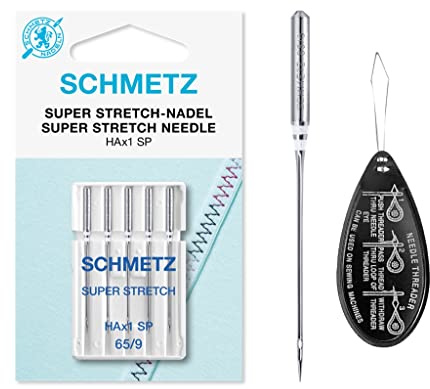 Super Stretch (HAx1 SP) Sewing Machine Needles for Coverlock and Overlock/Overlocker/Serger, Size 65/9, Includes Large Needle Threader