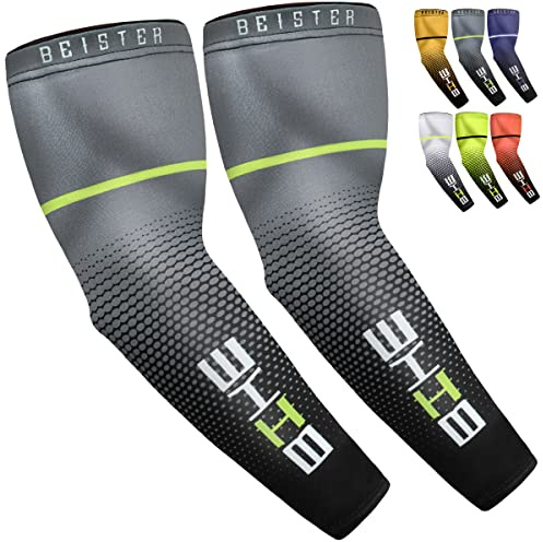 beister UV Schutz Kompression Arm Ärmel, Rutschfest Kühlarmschutz Armlinge für Running Radfahren Basketball Golf Outdoor Aktivitäten Männer Frauen (1 Paar) (XL, Schwarz)