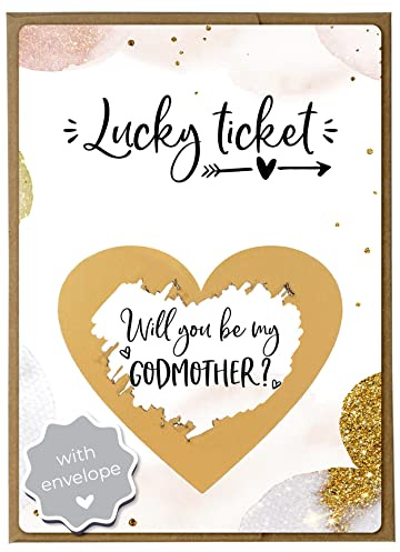 Joli Coon Will You Be My Godmother Scratch Card, Godmother Proposal | 350gsm designer paper, tactile UV finish, natural envelope with gold heart, scratch panel