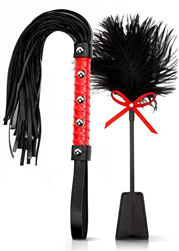 BDSM Flogger and Feather Tickler for Couples Sex Foreplay Accessory Set Red and Black Whip Sexual Spank Paddle Tickler for Adults Bedroom