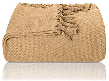 LAYNENBURG Premium Tagesdecke mit handgeknüpften Fransen - 100% Baumwolle - 220 x 240 cm XXL - Waffelpique Sommerdecke - Baumwolldecke als Bett-Überwurf, Couch-Überwurf & Sofa-Decke (Beige)
