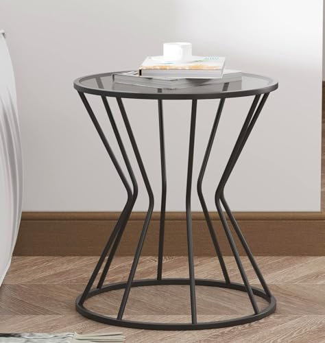 Hallowood Furniture Bourton Black Round Side Table with Tinted Glass Top, Power Coated Metal Coffee Table, Glass Side Tables For Living Room, Bedroom, Cafe or Office Use