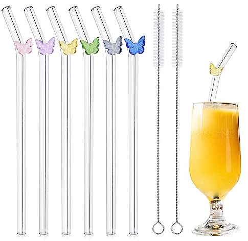 JINGIHE 6 Pezzi Cannucce Vetro Riutilizzabili con 2 Spazzole Ecologiche Disegno Farfallino Colorato Forma Fantasia 8mm*200mm Adatte per Bubble Tea Cocktail Caffè Latte Frullati Casa Bar