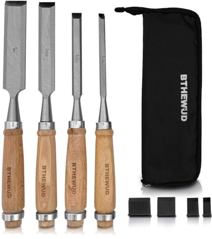 Wood Chisel Set – set of 4 Woodworking Chisels w/CR-V Steel Blades, Zipper Bag - Anti-Rust Coating Wood Chisels for Woodworking - Lightweight & Durable Carpenter Tools for Woodworking
