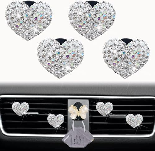 Bling Heart Air Vent Clips, 4 Pcs Silver Heart Car Air Fresheners Vents Clips Car Diffuser Diamond Cars Interior Decor Charm Cute Cars Accessories and Cute Butterfly Mask Hook，Interior Accessories