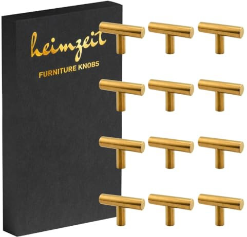 heimzeit Tiradores de Armarios Bar y Cómodas de Acero Inoxidable para Puertas y Cajones [12 Piezas, en forma de T] Color: Oro, Diseño Elegante, Pomos Armario con Manija de un agujero con tornillos