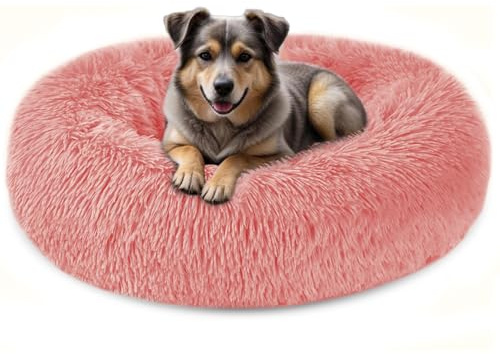 ELYF Plush Donut Dog Bed (80cm) - Calming Cat Bed for Indoor Cats Self-Warming Round Pet Cushion with Anti-Slip, Waterproof Base & Reversible Design, Machine Washable - Dusty Pink