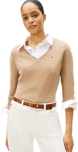 Tommy Hilfiger Jersey Mujer Soft Wool con Cuello de Pico, Beige (Safari Canvas Heather), L
