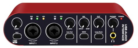 Cpolebev Interfaz de Audio Profesional de 24 Bits y 192 KHz, Tarjeta de Sonido de 2 Entradas para Guitarra EléCtrica, Sintonizador Externo para GrabacióN en PC y Estudio