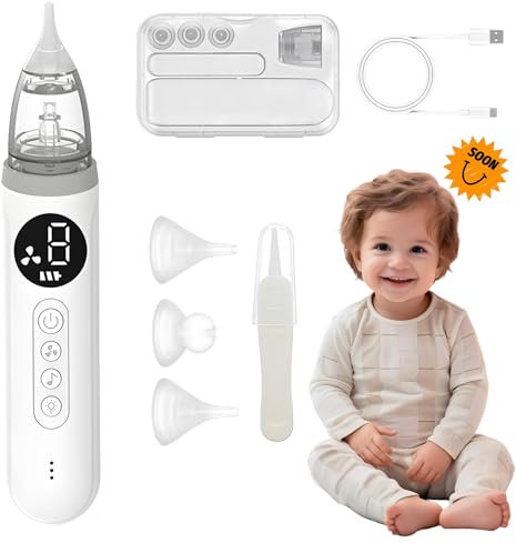 Anluomafuy Tragbarer Nasensauger Baby, Nasensauger Baby Elektrisch mit 3 Silikonspitzen, 3 Saugstärken, Musik & Licht Funktion, LCD-Display, USB-C Aufladbar, für Babys und Kinder