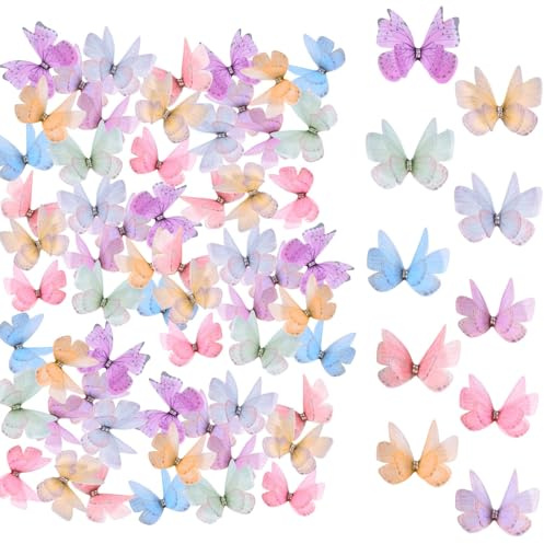 60 Stück 3D Mini Schmetterlinge, 10 Farben Organza Stoff Butterflies