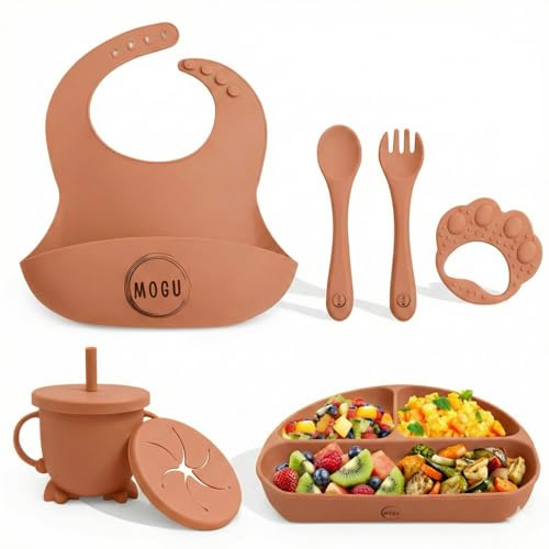 MOGU Vajilla Bebé Silicona 8 Piezas | Baby Led Weaning (BLW) | Plato con Ventosa Antideslizante | Vaso Aprendizaje 2 en 1 | Babero Ajustable | Cubiertos Infantiles | Sin BPA