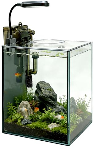 Turchongeco Kit de nano acuario de 2.1 galones con tapa, filtro para colgar que ahorra espacio y luz LED, tanque de peces de escritorio de vidrio ultra transparente sin montura para peces pequeños
