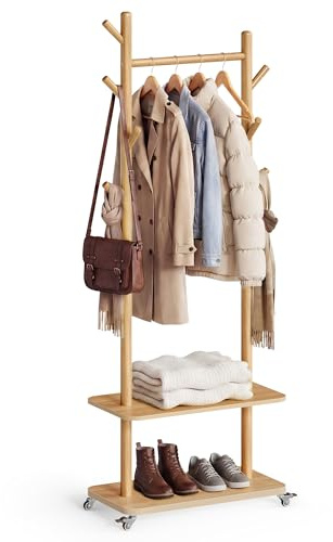 VASAGLE Perchero de Pie, con 7 Ganchos y 2 Estantes, 4 Ruedas Giratorias 360° Extraíbles, Ganchos y Postes de Madera, para Entrada, Dormitorio, Sala de Estar, Natural RCR053YK01