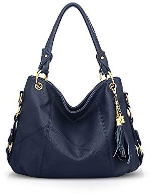 Nicole & Doris Damhandväska med stor kapacitet, axelväskor i mjukt läder, hobo-väska, moderiktiga crossbody-väskor, väskor med topphandtag och tofs, BLÅ, L