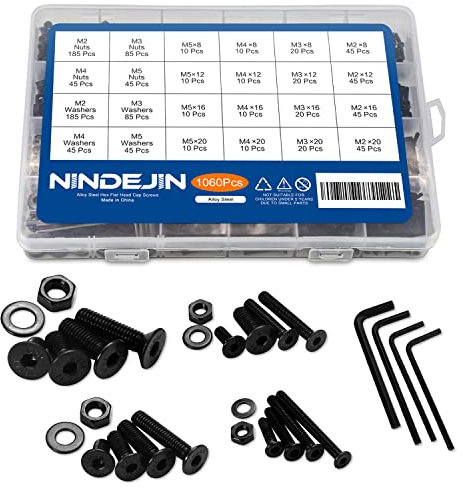 1060 pcs Flat Schrauben NINDEJIN Kohlenstoffstahl Schraube Schrauben Muttern und Unterlegscheiben Sortiment Kit mit Aufbewahrung Box (1060)