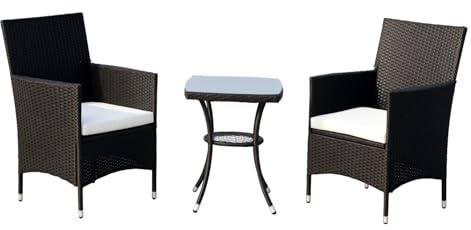 Outsunny Conjunto de Muebles para Jardín Juegos de Muebles de Ratán Incluye 1 Mesa y 2 Sillones con Cojines Estructura de Metal para Terraza Patio Negro