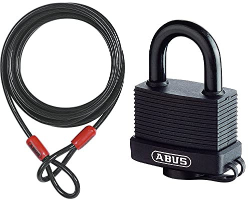 ABUS Schlaufenkabel Cobra 10/500 - Stahlseil mit Kunststoff ummantelt - 5 m lang, 10 mm stark & Messing-Hangschloss, Messingbügel, 45mm / Bügelhöhe 63mm, verschiedenschließend, schwarz