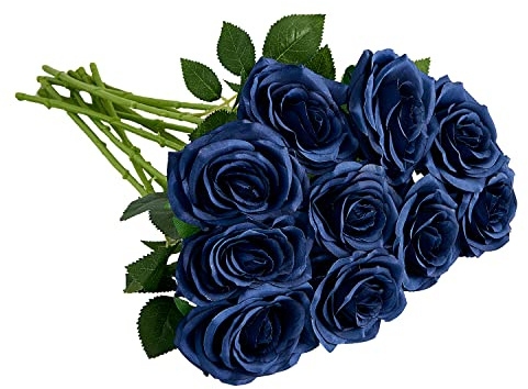 IUKnot Artificial Rose 10pcs Open Flower Bouquet Navy Blue Faux Rose Stems for Wedding Arrangement, Bridal Bouquet, Centerpiece, Fake Faux Silk Flowers