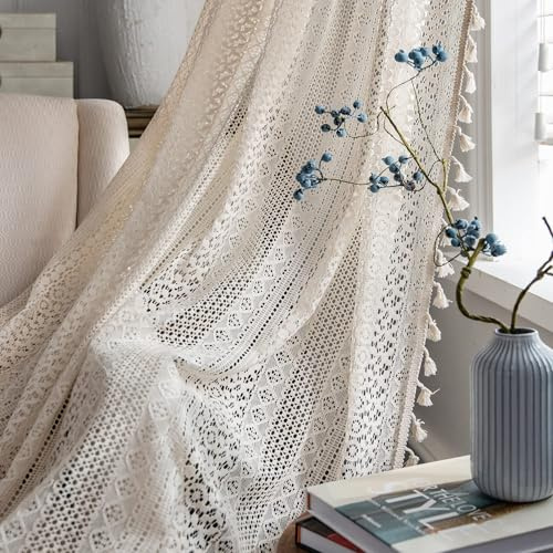 JOOJA Crochet Boho Lace Sheer Curtains Macrame Farmhouse 84 Inches Length Long Beige Vintage Bohemian Bedroom Curtains 2 Panels Set for Living Room (59Wx84L, Beige)