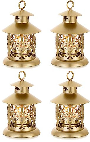 Romadedi Teelicht Laterne Gold Deko - 4er Set Vintage Laterne Kerze Metall Klein mit Gravur für Kerzen, Tischdeko, Hochzeit, Weihnachten, Ramadan, Balkon, Garten, Outdoor