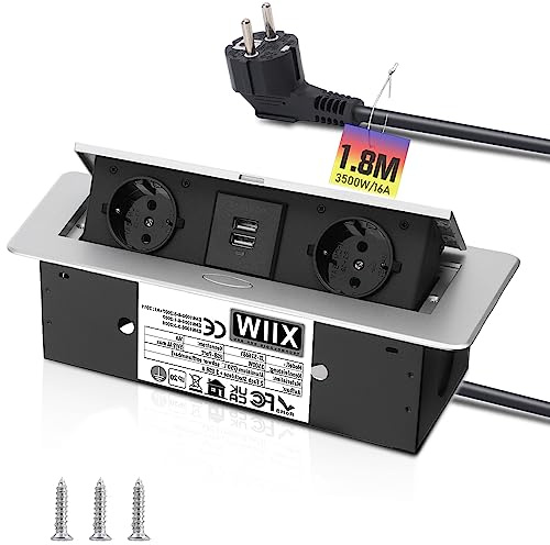 Sänkbart inbyggt uttag, 3 500 W/16 A, 2 fack bordsskiva försänkt med 2 USB, bordsuttag flera uttag för bänkskiva kök kontor, grenuttag med 1,8 m kabel/silver