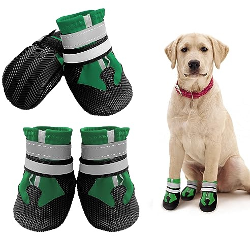 NeuWee Botas para Perros, 4 Piezas Zapatos Impermeables para Perros con Correas Reflectantes Ajustables y Suela Antideslizante, Zapatos para Perros Pequeños Medianos y Grandes(L, Verde)