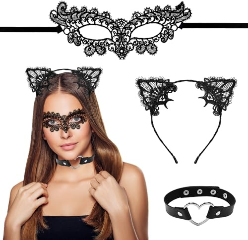HEKOBAG 3 Stück Katzenohren Haarreif Spitze Maskenball Maske Damen Schwarze Gesichtsmaske Augenmaske Spitze Catwoman Ohren Haarreif für Halloween Fasching Karneval Masquerade Cosplay Abendkleid Tanz