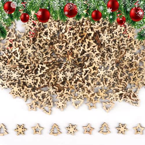 Deepton 400 Stück Streudeko Weihnachten, Holzdeko Weihnachten, Holz Weihnachtsdeko Klein, Tischdekoration Weihnachten, Schneeflocken Sterne Holz Deko Weihnachten Basteln für DIY Handwerk Geschenk