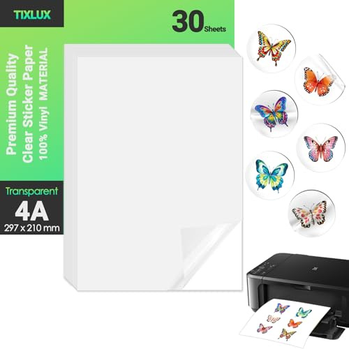 Tixlux 30 feuilles de papier autocollant en vinyle pour imprimante à jet d'encre, transparent, autocollant, sèche rapidement, couleurs vives, format A4 297x210mm