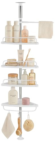 JUPPLIES Estanteria Telescopica de Baño de Altura Ajustable hasta 254cm - Esquinero Baño Ducha de Plástico y Metal sin Taladro - Organizador de Bañera, Lavabo con 4 Baldas (Blanco)