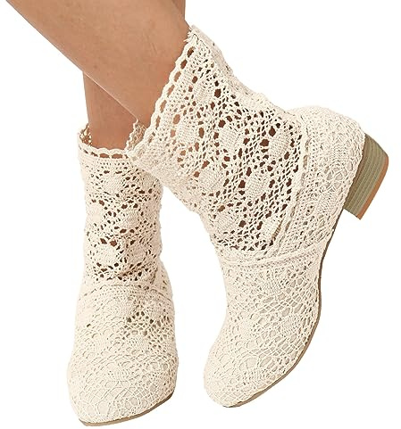 Dasongff Boots Mariage pour Femme en Dentelle Bottes à Enfiler Talons Bloc Bout Rond Style Bohème Bottes de Bureau élégantes Bottes de Travail pour Femme Antidérapant