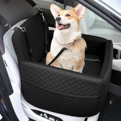 Petcozife Seggiolino auto per cani di taglia piccola e media, in memory foam, sotto i 15 kg, rimovibile e lavabile, letto per cani da viaggio con cuscino spesso e 2 cinture di sicurezza, nero