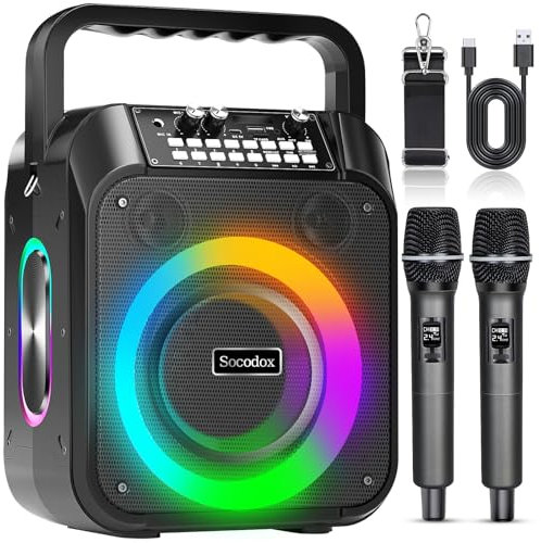 Máquina Karaoke,Altavoz Bluetooth Portátil 60W con 2 Micrófonos Inalámbricos,Batería de 6000 mAh,Playtime 8H, Estéreo TWS,Luces RGB,Sistema Pa Dual Bass Boost para Adultos, Niños,Fiestas,Canto,DJ