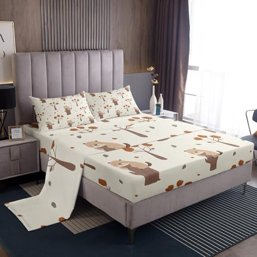 Erosebridal Fall Theme Twin Sheet Set for Kids Boys Girls Room Decor,Cute Beaver Bedding Set Cartoon Animal Maple Tree Bed Sheets Autumn Fallen Leaves 1 Fitted Sheet 1 Flat Sheet 1 Pillow Case