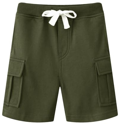 NLAND Barnshorts i bomull med elastisk midja bermudashorts för barn, med 2 korta sidofickor, pojkar, basketboll, 6–12 år, Grön, S