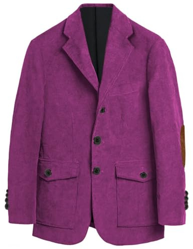 Mens Corduroy Blazer with Elbow Patch Single Breasted Notch Lapel Casual Jacket for Spring Autumn Purple L