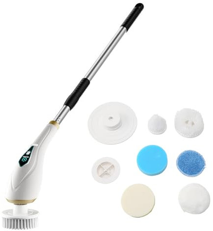 Rehomy Cepillo de limpieza eléctrico giratorio, cepillo de limpieza eléctrico inalámbrico con 8 cabezales reemplazables, mango de extensión para bañera, cocina, suelo, baño, azulejos, paredes, modo de