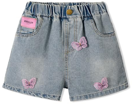 Rolanko Vaqueros Pantalones Cortos para Niñas, Cintura Elástica, Rasgados Jeans Cortos de Verano con Bolsillos para Niños, Mariposa, Talla: 10-11 Años, 150