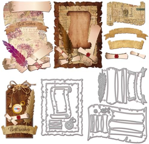 GLOBLELAND Matrices de Découpe de Bannière Vintage en Forme de Rouleau pour Scrapbooking Découpes Métalliques avec Bordures Festonnées et Motifs de Plumes et de Compas pour la Fabrication de Cartes